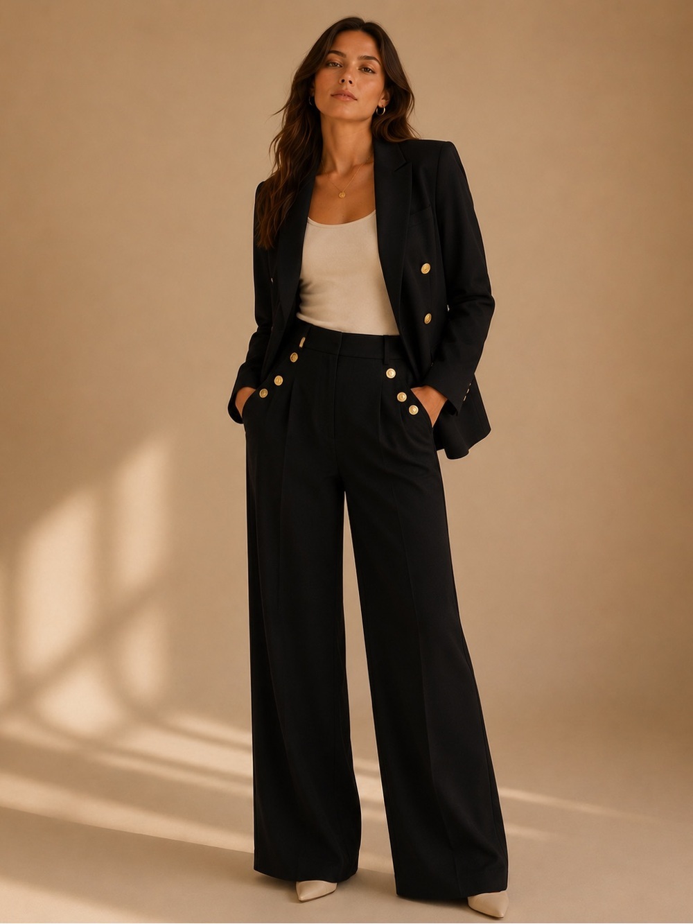 SPANX Black Tailored Blazer & Sailor Button Wide Leg Pant Set NWT Size L